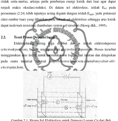 Gambar 2.1. Skema Sel Elektrolisis untuk Deposisi Logam Cu dari Bak Sulfat(