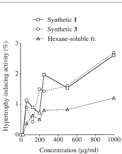 Fig. 2.Hypertrophy-inducing effects of syntheticthe hexane-soluble fraction of the EtOH extract of the aphid,moriokaensis 1, synthetic 3, and C., against the mesophyll cells of A