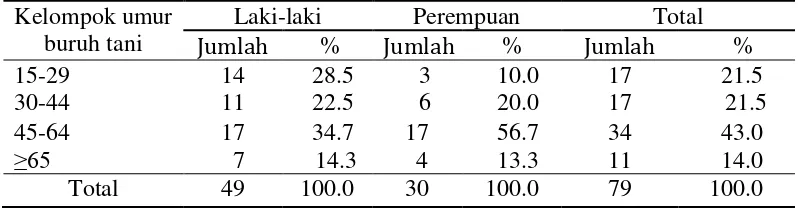 Tabel 10  Jumlah dan persentase buruh tani menurut kelompok umur dan jenis kelamin di Desa Anjatan Utara Kabupaten Indramayu, 2014  