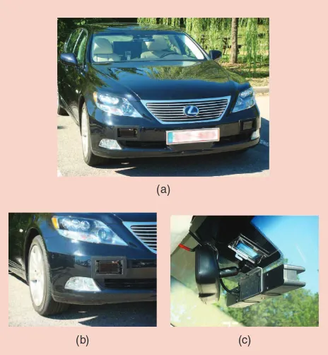 Figure 5. (a) The Lexus LS600h, equipped with (b) two IBEO Lux lidars and (c) a TYZX stereo camera