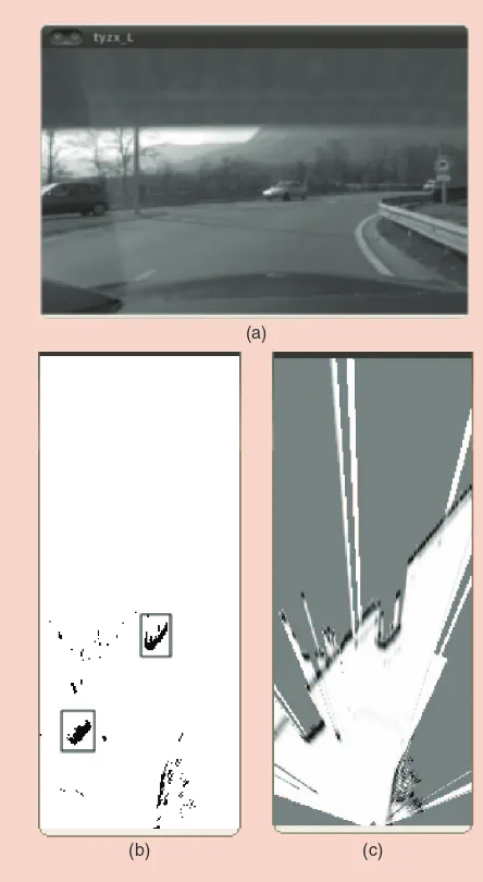 Figure 7. The MD results of two cars. (a) Driving scenario, (b) input fused grid, and (c) resulting motion grid and the noise is due to bushes along the road