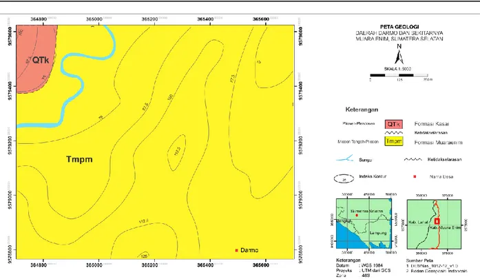 Gambar 1: Lokasi penelitian yang secara geologi regional berada pada Formasi Muaraenim (Tmpm) dan Formasi  Kasai (Qtk) 