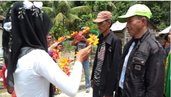 Gambar ketua rombongan melawat Desa Lambaya dikalungi warga Desa  Sanggiran dengan bunga 