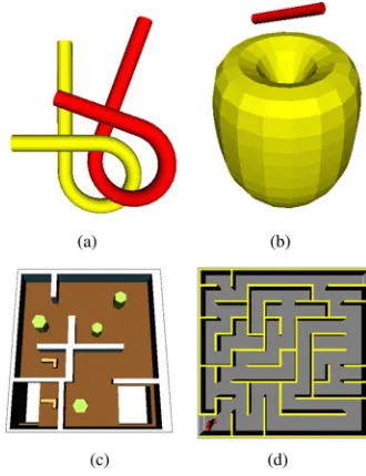 Fig. 3.Environments used in the experiments with example conﬁgurationsfor the robot. (a) Alpha puzzle