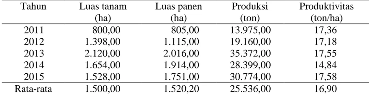 Tabel  1.1.  Luas  tanam,  Luas  panen,  Produksi,  dan  Produktivitas  ubi  kayu  di  Kabupaten  Ogan Komering Ulu Timur tahun 2011-2015 