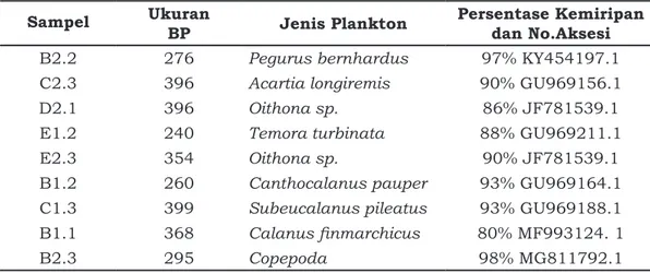 Tabel 4. Hasil identifikasi plankton menggunakan program BLAST Sampel  Ukuran 