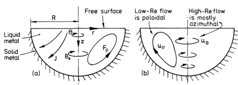 Figure 1. Experiments of Bojarevics et al. (a) Current ﬂows down through the pool of liquid metal and the interaction of J with its self magnetic ﬁeld,Bθ , produces a poloidal force, Fp