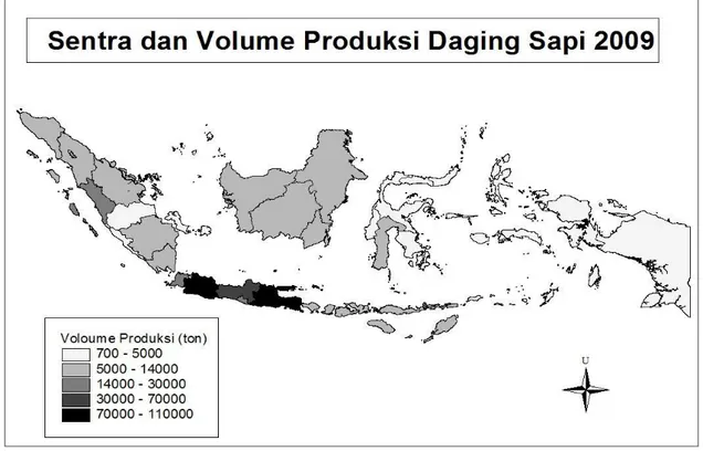 Gambar 2.2 Sentra dan volume produksi daging sapi di Indonesia tahun 2009  2.2 Pola produksi 