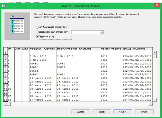 Gambar 4.11 Dialog box Import Spreadsheet Wizard –No Primary Key