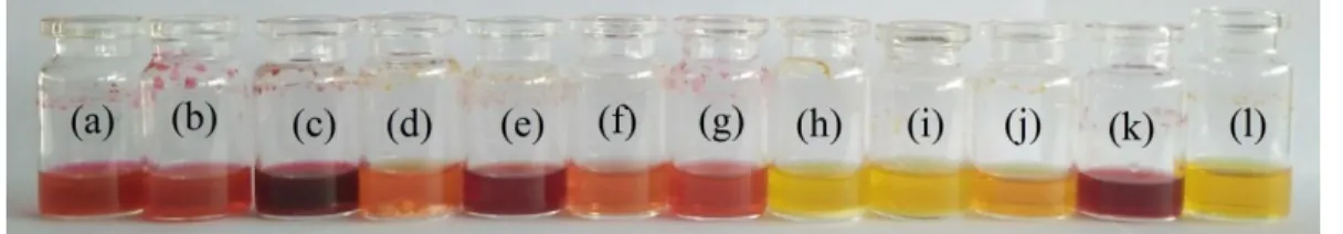 Gambar 5. Hasil uji ionochromic terhadap zat warna kayu sappang (brazilin 1x10 -3  M dalam  metanol)