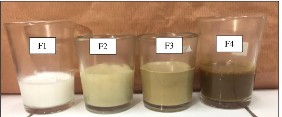 Gambar 4.3. Sediaan Sabun Mandi Cair Ekstrak Etanol Daun Ubi Jalar Ungu Basis (F1); dengan  zat aktif 4% (F2); 6% (F3); 8% (F4) 