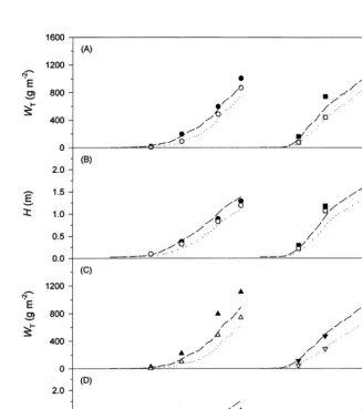 Fig. 7. Simulated (lines) and observed values (symbols) for (A, C) total dry weight, WT, and (B, D) plant height, H, of C
