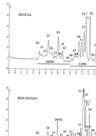 Fig. 1. RP-HPLC of Bancal and Rinconada glutenin. Numbers in chromatogram are peak designation