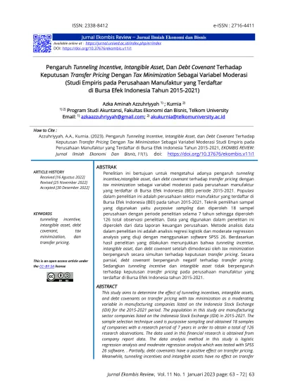 View Of Pengaruh Tunneling Incentive, Intangible Asset, Dan Debt ...