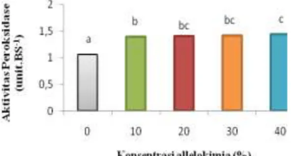 Gambar  5.  Pengaruh  allelokimia  Arbila  Hutan terhadap aktivitas peroksidase pada  jagung  ;  Nilai  rata-rata  yang  diikuti  oleh  huruf  yang  sama  tidak  berbeda  pada      (p  &gt;0,  05)  dengan uji DMRT  5%.