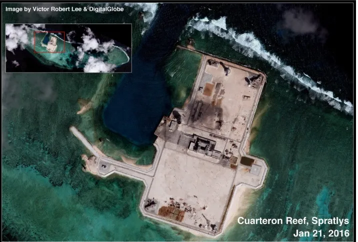 Gambar 1.9 Keadaan pulau buatan milik China yang berdiri diatasCuarteron Reef setelah reklamaso