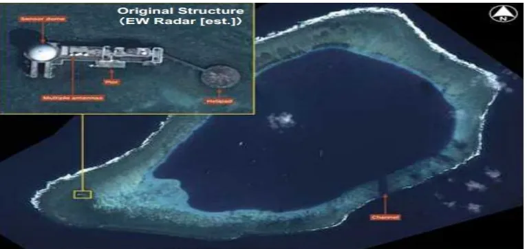 Gambar 2.1 Kondisi Subi Reef yang diambil pada bulan Januari 2015dengan struktur yang telah dibangun oleh China