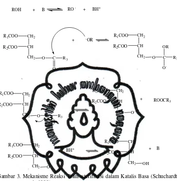 Gambar 3. Mekanisme Reaksi Transesterifikasi dalam Katalis Basa (Schuchardt, 