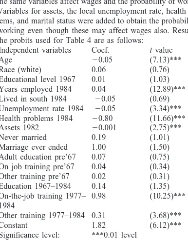 Table 4 which could change as well as 1967 trainingvariables, the ﬁrst wage speciﬁcation in Table 5 indicatesthat working more years was associated with wage