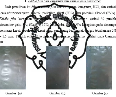 Gambar 10. (a). Edible film dari Karaginan dan Gliserol (b). Edible film dari Karaginan dan PEG (c)