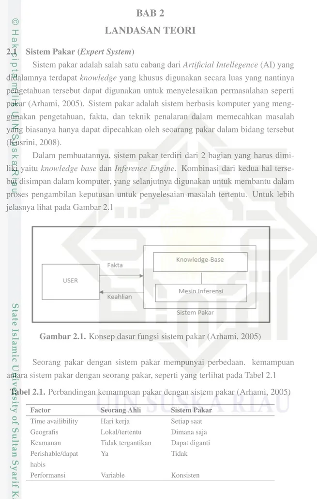 Gambar 2.1. Konsep dasar fungsi sistem pakar (Arhami, 2005)