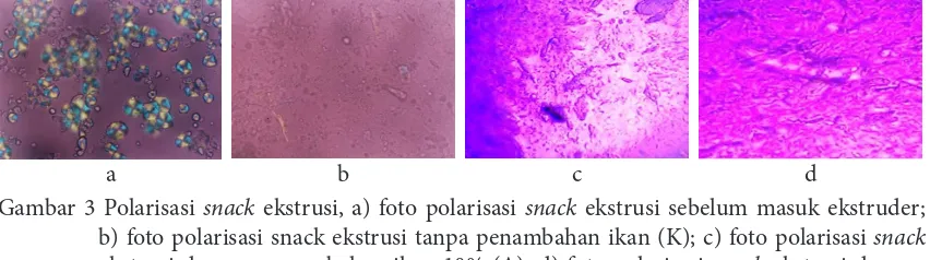Gambar 3 Polarisasi snack ekstrusi, a) foto polarisasi snack ekstrusi sebelum masuk ekstruder; 