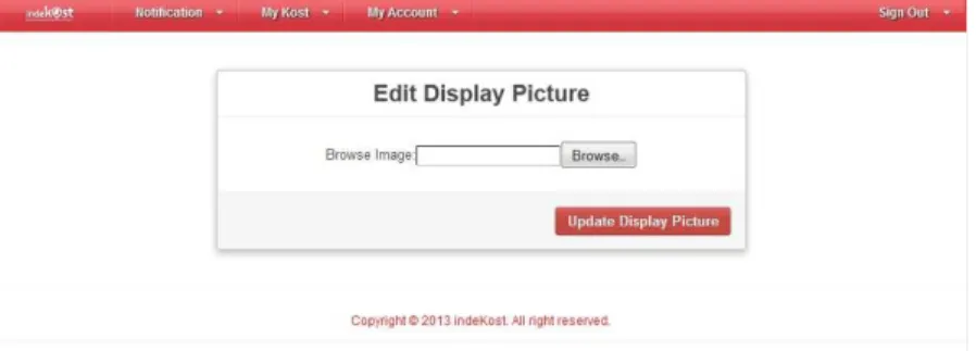 Gambar memperlihatkan tampilan halaman Change Display  Picture  pada  aplikasi  web.  Untuk  mengganti  display  picture,  pengguna dapat melakukan browse image pada komputer