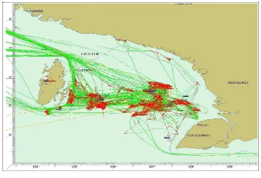 Gambar 12. Mobilitas kapal pukat udang di Laut Arafura berdasarkan pemantauan VMS (Sumber: Direktorat Jenderal Pengendalian dan Pengawasan Sumberdaya Kelautan dan Perikanan) 