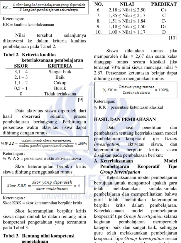 Tabel 2.  Kriteria kualitas 