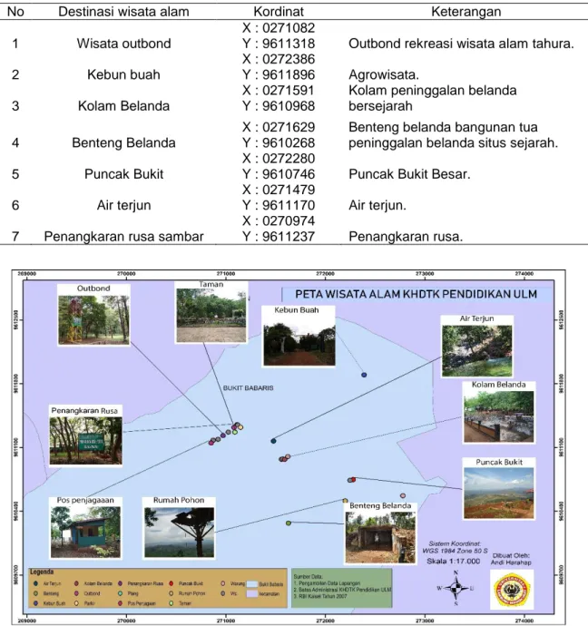 Gambar 1. Peta sebaran destinasi wisata alam di KHDTK ULM. 