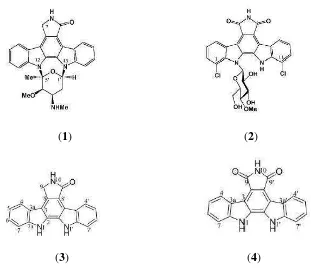 Gambar 2. Struktur dari staurosporine (1), rebeccamycin (2), K252c (3) danarcyriaflavin A (4)