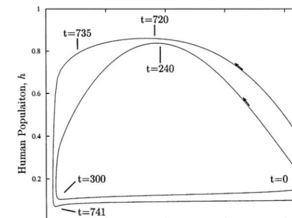 Fig. 3. Limit cycles that develop as the system becomes unstable. The inner cycle is for the case where the work level is constantat 0.14