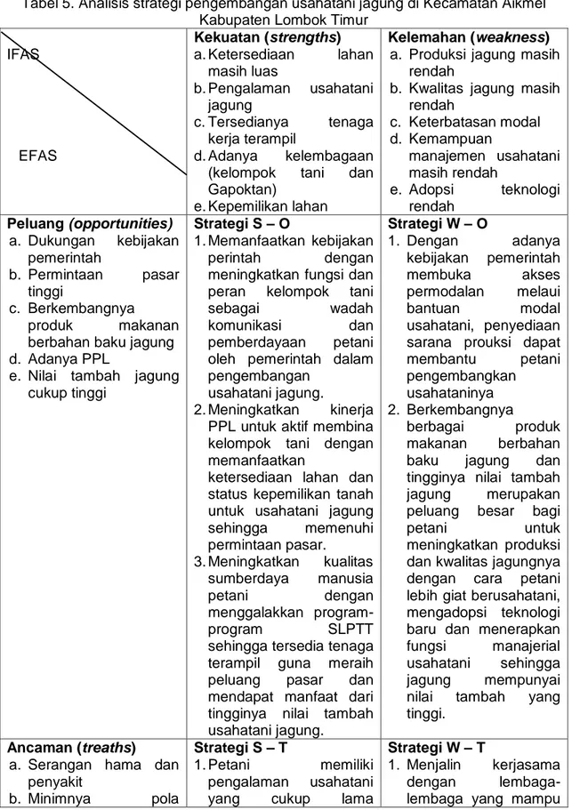 Tabel 5. Analisis strategi pengembangan usahatani jagung di Kecamatan Aikmel   Kabupaten Lombok Timur 