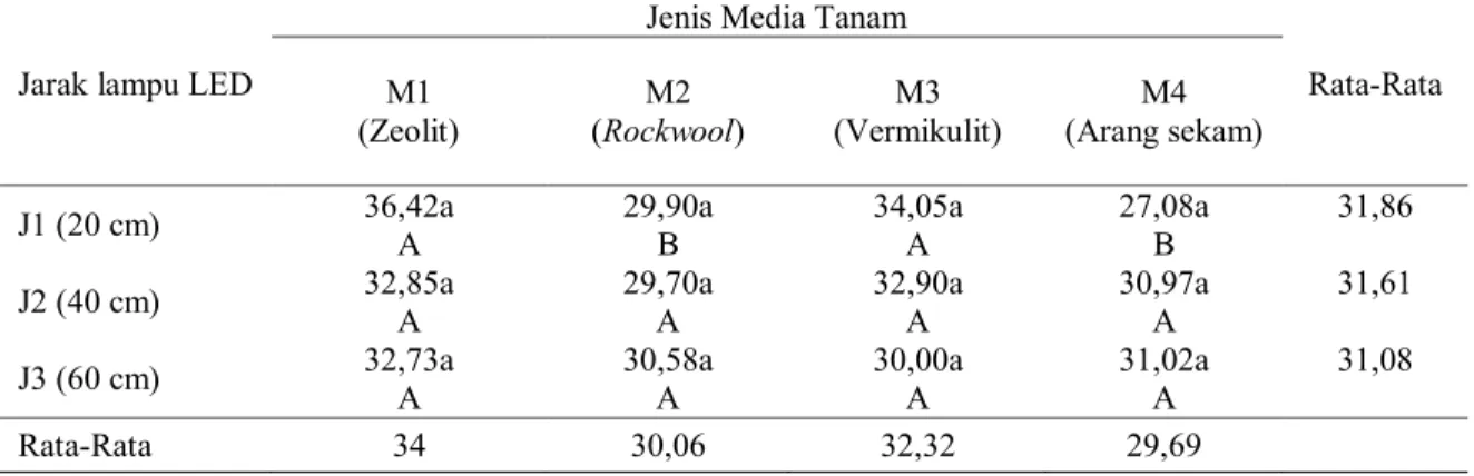 Tabel 4. Rata-rata klorofil daun microgreen basil (Ocimum basilicum L.) pada jarak lampu  LED dan media tanam (unit) 