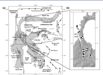 Gambar 1: (a) Peta Sulawesi dengan sebaran patahan aktif yang mana Patahan Palu-Koro berada di Sulawesi bagian tengah dan (b) Peta mekanisme sumber Gempa Palu 2018 dengan orientasi strike-slip left lateral beserta tujuh gempa susulan dengan magnitudo signi