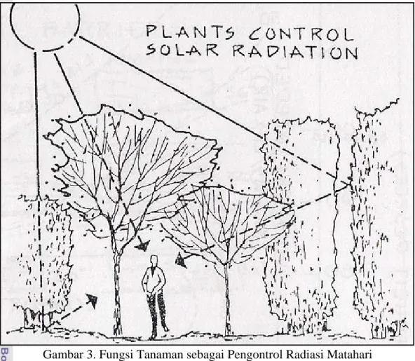 Gambar 3. Fungsi Tanaman sebagai Pengontrol Radiasi Matahari                                  (Sumber: Carpenter et al., 1975) 