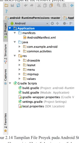 Gambar 2.14 Tampilan File Proyek pada Android Studio Semua  file  versi  terlihat  di  bagian  atas  di  bawah  Gradle  Scripts dan masing-masing modul aplikasi berisi folder berikut: