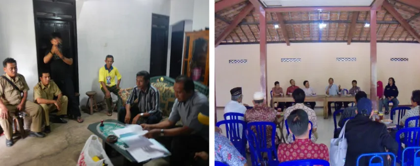 Gambar 3. Kiri: suasana diskusi monitoring dan evaluasi dengan jajaran perangkat Desa Pucung