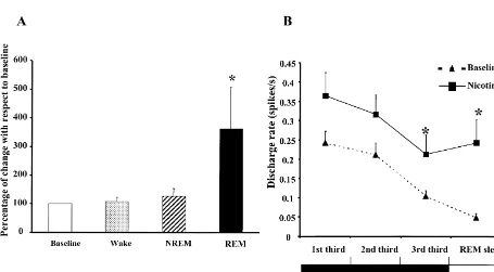 Fig. 1. (A) Nicotine effects on discharge rate. Nicotine effects (0.1 mg/kg, s.c.) on discharge rate of presumed serotonergic neurons recorded across thesleep–wake cycle
