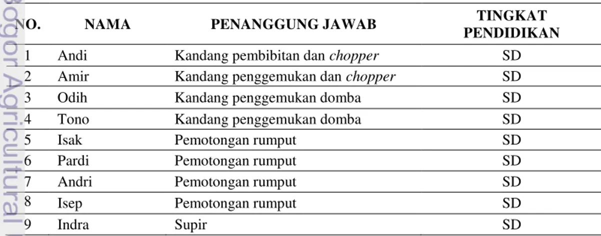 Tabel 9.   Daftar  nama,  penanggung  jawab  dan  tingkat  pendidikan  akhir  para  pekerja di Mitra Tani Farm a 