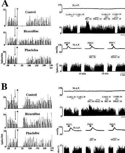 Fig. 2. Responses of the activity of neurons projecting to the SFO in the region of the NTS to electrical stimulation of the SFO, microiontophoreticapplication ofThe post-antidromic inhibitory response, on the other hand, was not affected by either bicucul