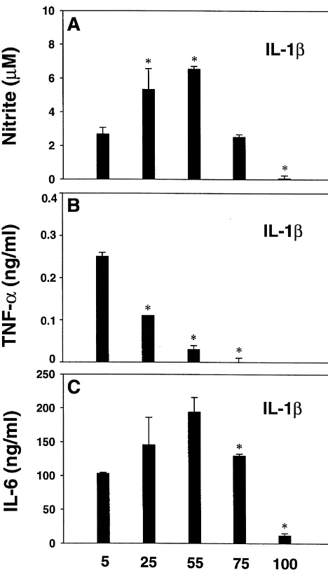 Fig. 2. Effect of high KCl on IL-1b-induced astrocyte TNFa, IL-6 andnitrite production