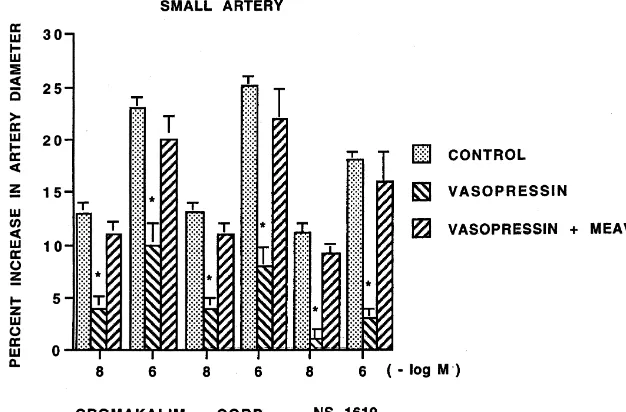 Fig. 2. Inﬂuence of cromakalim (1028, 1026M) on pial small arterydiameter before (control), after ﬂuid percussion brain injury (FPI), andafter FPI in animals pretreated with the vasopressin antagonist MEAVP (5mg/kg, i.v.), n56