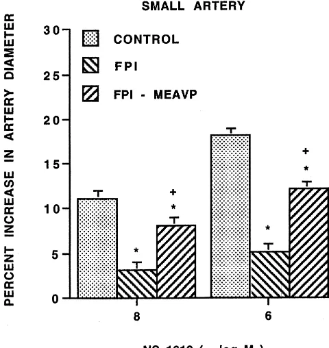 Fig. 4. Inﬂuence of NS1619 (108i.v.),2, 1026M) on pial small artery diameterbefore (control), after ﬂuid percussion brain injury (FPI), and after FPI inanimals pretreated with the vasopressin antagonist MEAVP (5 mg/kg, n56