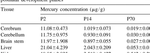 Table 1Mercury concentrations in tissues of MeHg-exposed offspring at various