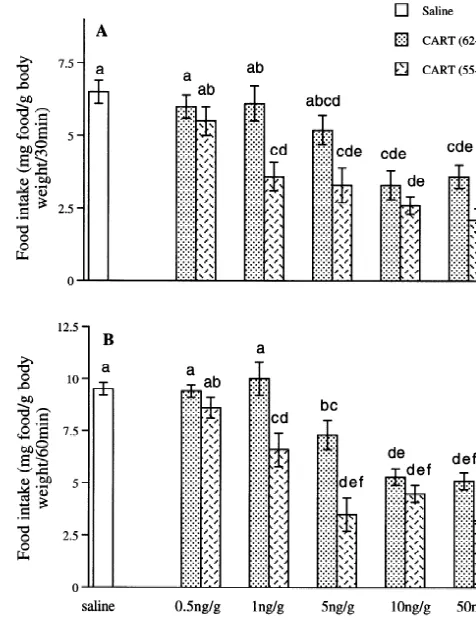 Fig. 1. Effects of i.c.v. injection of recombinant CART peptides on foodintake of food-restricted goldﬁsh 30 (A) and 60 min (B) followingpresentation of food