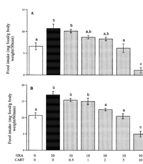 Fig. 3. Effects of i.c.v. injection of recombinant CART (55–102) on foodintake of orexin A-treated goldﬁsh 30 (A) and 60 min (B) following(55–102) (10/0.5 ng/g,ng/g,presentation of food