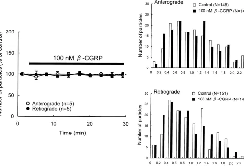 Fig. 4. Effects of bindividual particles moving in anterograde and retrograde directions before (control) and during application ofretrograde directions induced by application of 100 nM-CGRP on axonal transport in DRG neurons