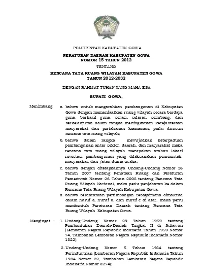 Pemerintah Kabupaten Gowa Peraturan Daerah Kabupaten Gowa Nomor 15 Tahun 2012 Tentang Rencana 6947