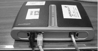 Gambar 5.6 menunjukkan contoh gambar sebuah modem dengan kabel DC (dari adaptor), kabel UTP (LAN), dan kabel telepon yang terpasang